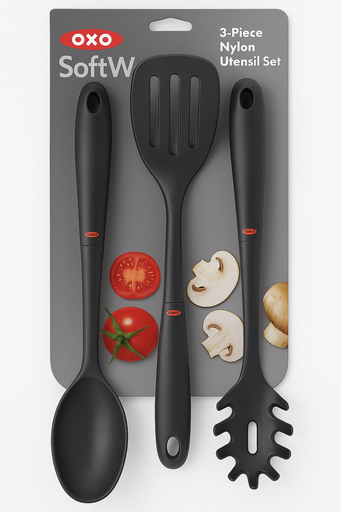 [SET-UTE-OXO-BASE1] Set de Utensilios de Nailon Negro 3 Unds OXO Contiene 1 Cuchara, 1 Servidor de Espaguetis y 1 Espatula