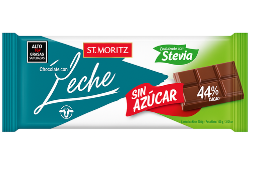 [CHO-LEC-STM-BASE2] Chocolate de Leche sin Azucar Endulzado con STEVIA 100gr Und ST MORITZ