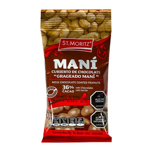 [GRA-MAN-STM-BASE1] Grageado de Mani Cuebierto de Chocolate con leche 40GR Und ST MORITZ