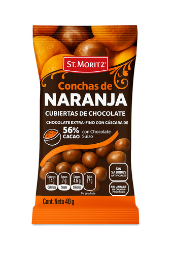 [GRA-NAR-STM-BASE1] Grageado de Naranja con Chocolate Oscuro 40gr Und ST MORITZ