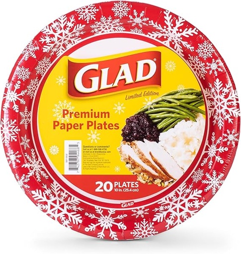 [PLA-HON-GLA-BASE1] Platos Hondos Desechables 12 Oz de 20 unidades GLAD con Diseño Navideño Rojo, Aptos para Microondas