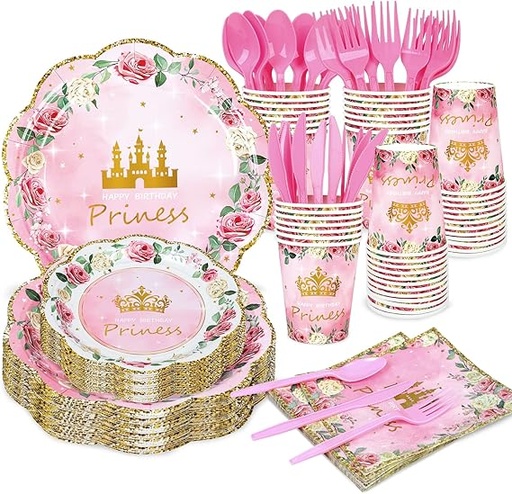 [SET-VAJ-GEN-BASE2] Set de Vajilla Desechable Fiesta de Princesa para 24 personas Und Contiene Platos, Vasos, Servilletas y Cubiertos