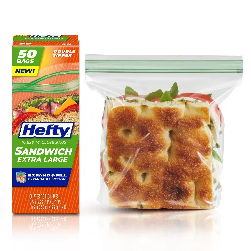 [SET-BOL-HEF-BASE3] Set de Bolsas Extra Grandes para Sandwich 17.6x5.3x16.6cm 50 Unds HEFTY Banda Verde