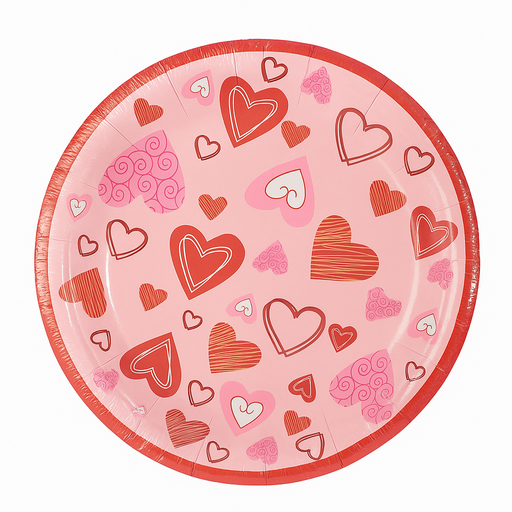 [PLA-DES-GEN-BASE1] Platos Desechables Rosado de Corazones #7 24 Unds 