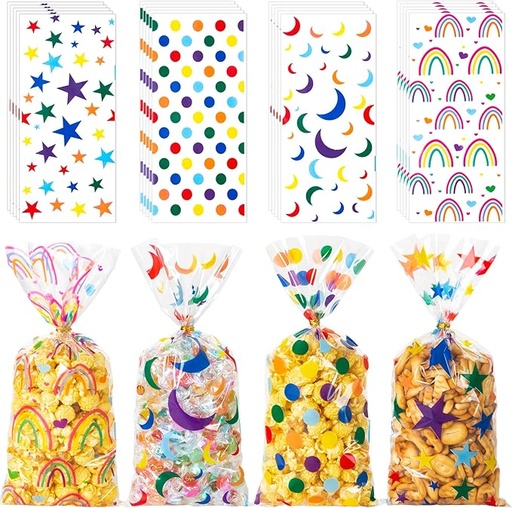 [BOL-CEL-GEN-BASE21] Bolsas de Celofan Diseños de Estrellas, Lunares y Arcoiris 27.5x12.5cm Und Varios Modelos con Lazo Giratorio