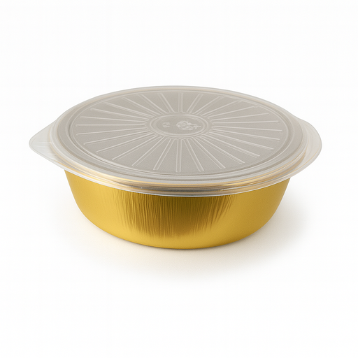 [ENV-ALU-GEN-BASE27] Envase de Aluminio Redondo con Tapa Transparente  Und Dorado