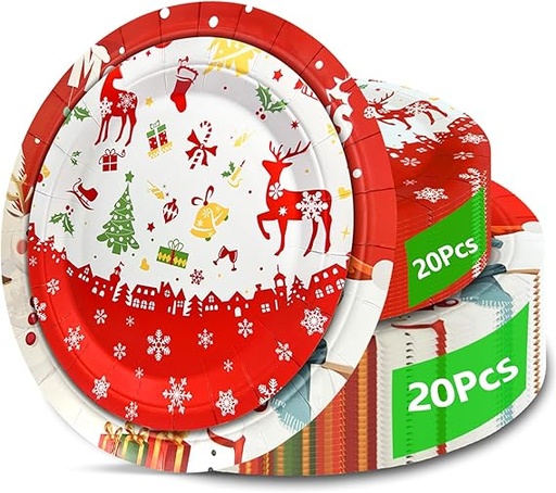 [SET-PLA-GEN-BASE4] Set de Platos Desechables con Diseño Navideño para 10 Personas 20 Unds Contiene Platos de 7" y 9"