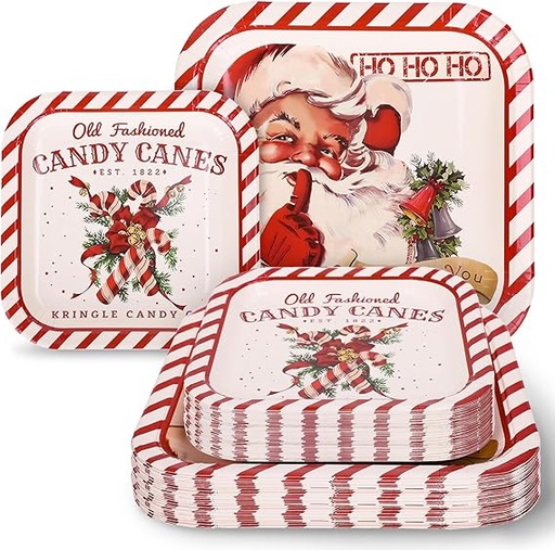 [SET-PLA-GEN-BASE3] Set de Platos Cuadrados Desechables con Diseño Navideño para 10 Personas 20 Unds Contiene Platos de 7" y 9" Pulgadas