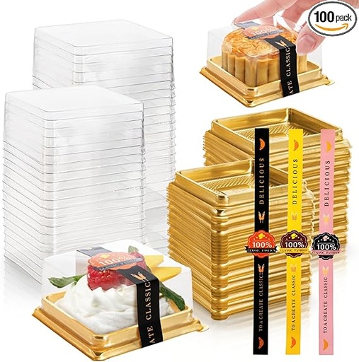 [MIN-BAS-GEN-BASE1] Mini Base Cuadrada de Pastel Dorada con Tapa Transparente 8x8x4cm Und Con Calcomanias de Sellado Largas de 3 Colores