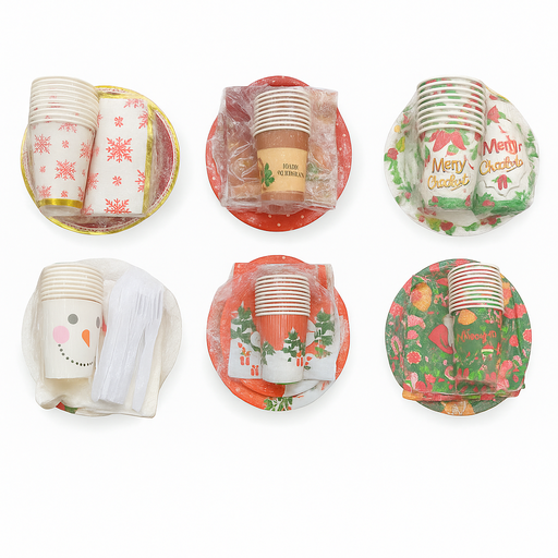 [SET-VAJ-GEN-BASE8] Set de Vajillas Desechables con Diseños Navideños para 10 Personas 70 Unds Contiene Platos de 7" y 9", Servilletas, Vasos y Cubiertos