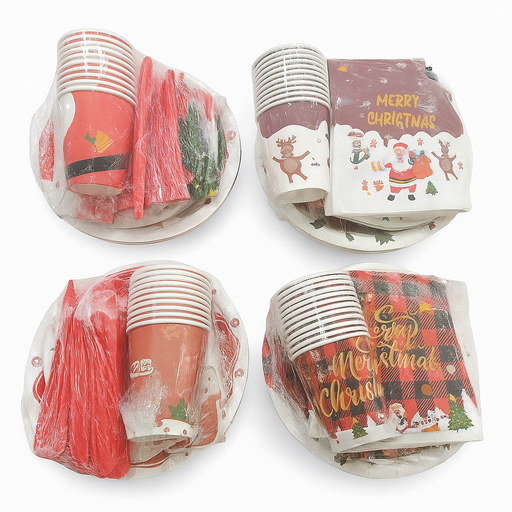 [SET-VAJ-GEN-BASE9] Set de Vajillas Desechables con Diseños Navideños para 12 Personas 84 Unds Contiene Platos de 7" y 9", Servilletas, Vasos y Cubiertos