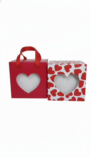 [CAJ-ACC-GEN-BASE2] Caja Para Accesorios con Visor de Corazon y Asa 8.5x8.5x2.5cm Und Rojo Variado