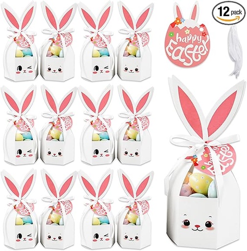 [CAJ-OCT-GEN-BASE1] Caja Octagonal de Conejo de Pascua 8x12x11cm Und Blanco con Cinta y Etiqueta